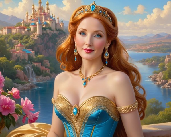 Princess in Turquoise Gown with Castle Background