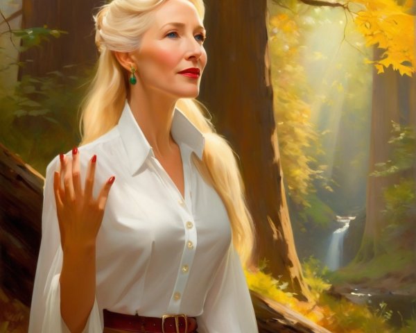 Woman in sunlit forest with autumn leaves and waterfall