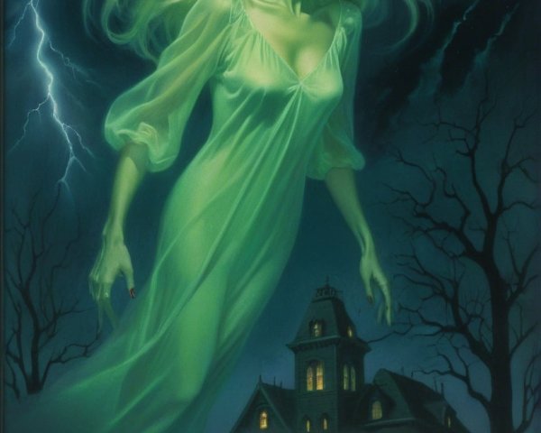 Spectral Figure in Ethereal Gown Over Misty Landscape