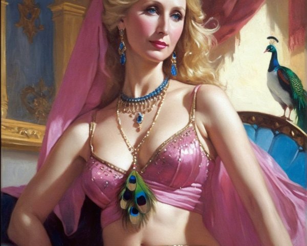 Elegant Woman in Pink Attire with Peacock and Jewelry