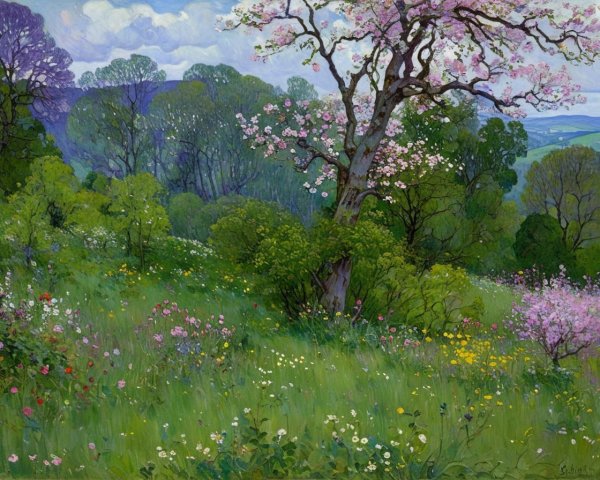 Vibrant Landscape with Blossoming Tree and Wildflowers