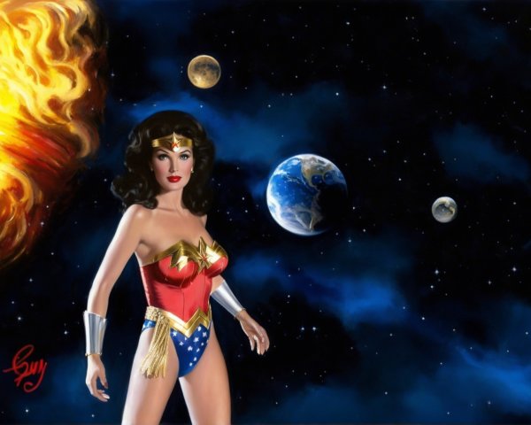 Wonder Woman in Classic Outfit Against Cosmic Background