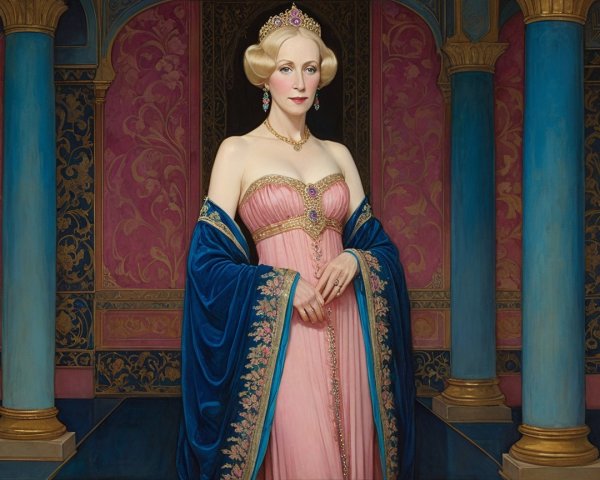 Regal Woman in Lavish Room with Pink Gown and Tiara