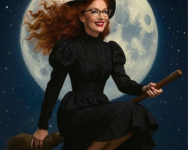 Witch Flying on Broomstick Under Full Moon Night Sky
