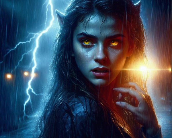 Young woman with pointed ears and glowing eyes in storm
