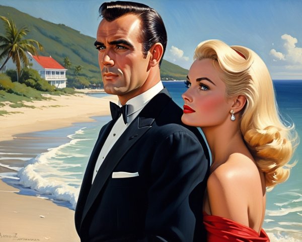 Stylish Couple in Elegant Attire at Picturesque Beach