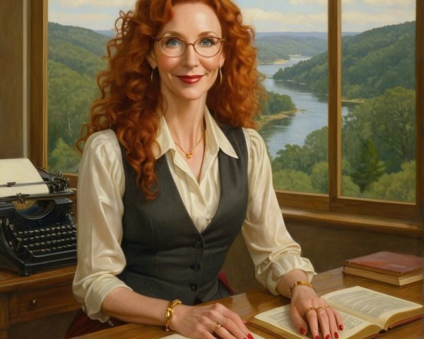Red-haired woman at desk with books and typewriter