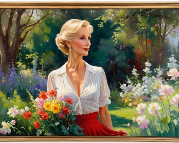 Elegant woman in garden with flowers and vibrant attire