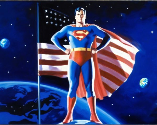 Heroic Figure in Costume Against Cosmic Background