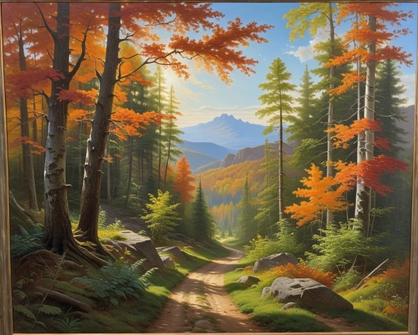 Serene Forest Path with Autumn Foliage and Mountains
