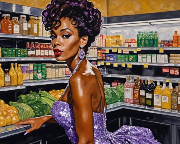 Glamorous Woman in Sequined Gown at Grocery Aisle