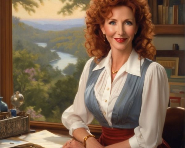 Woman with Red Curly Hair at Wooden Desk with View