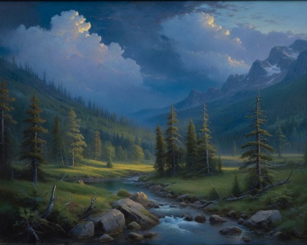 Tranquil River Landscape with Mountains and Meadows