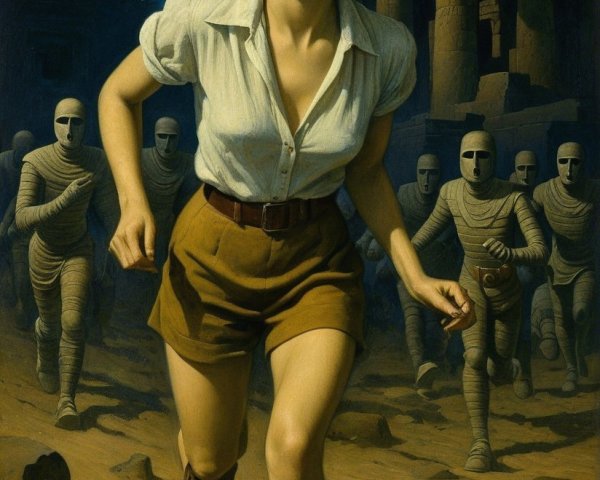 Woman in Bob Haircut Running from Mummies in Desert