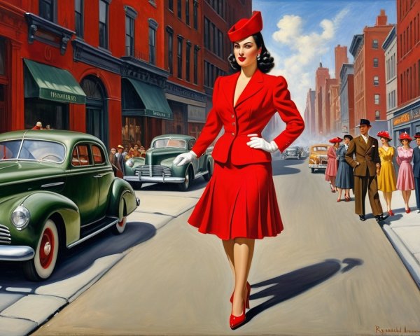 Glamorous Woman in Vintage Red Outfit on Bustling Street