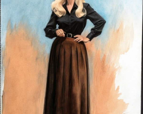 Full body painting of a woman in black and brown attire