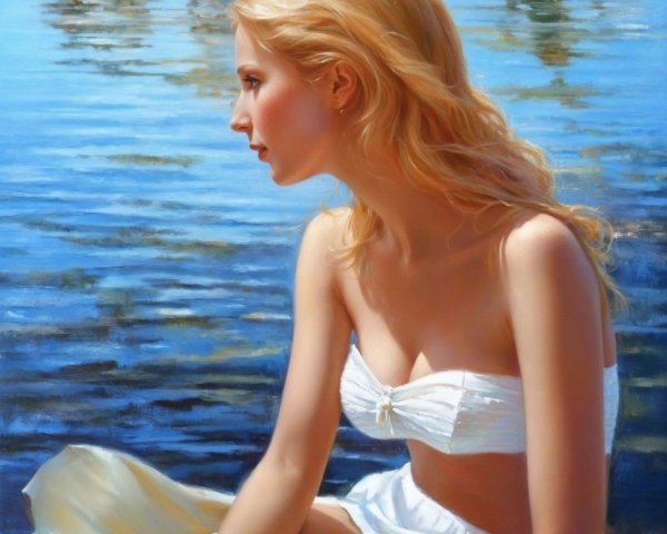 Young Woman by Shimmering Lake in White Bikini Top