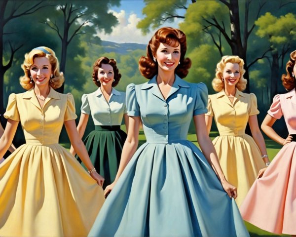 Retro-Inspired Scene of Women in Pastel Dresses