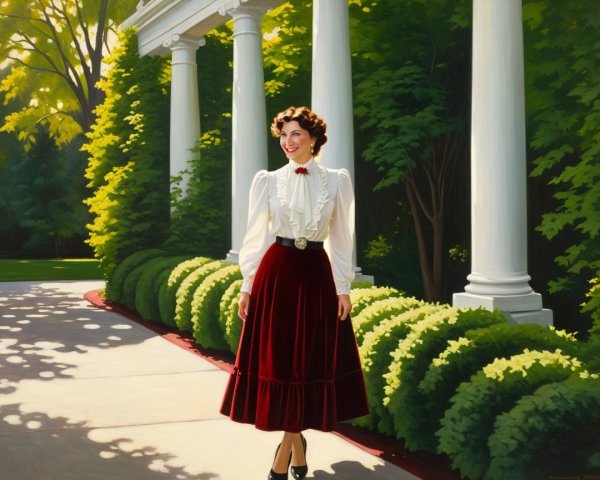 Woman in vintage outfit in sunlit garden setting