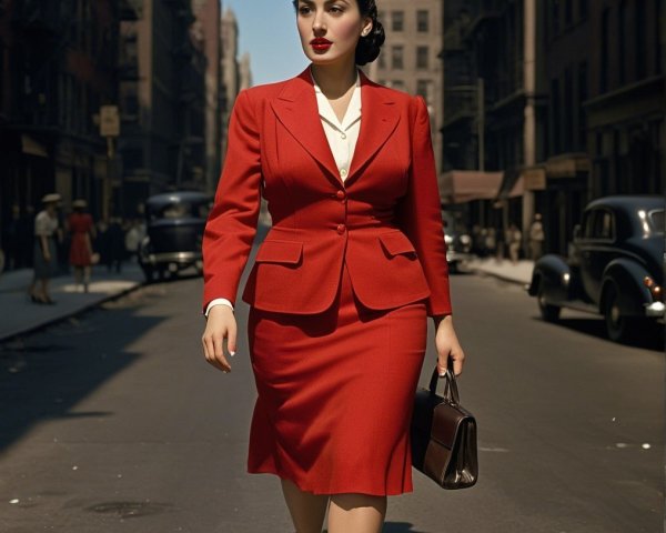 Stylish Woman in Red Suit on City Street
