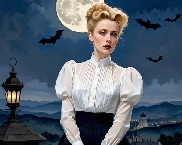 Elegant Woman in Vintage Attire Under Moonlit Sky