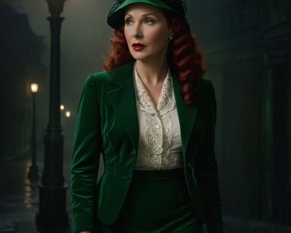 Vintage Green Velvet Suit in Misty Urban Setting