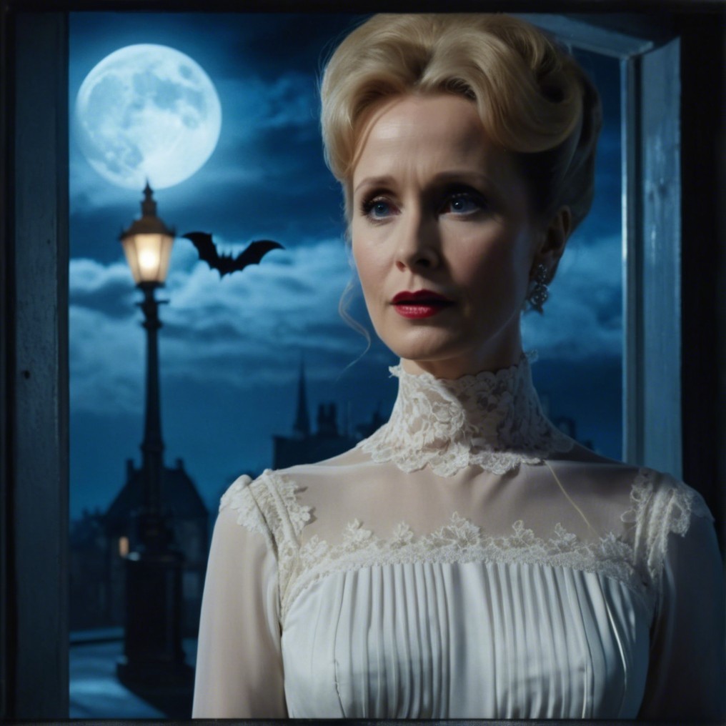 Elegant Woman in Vintage Dress by Moonlit Window