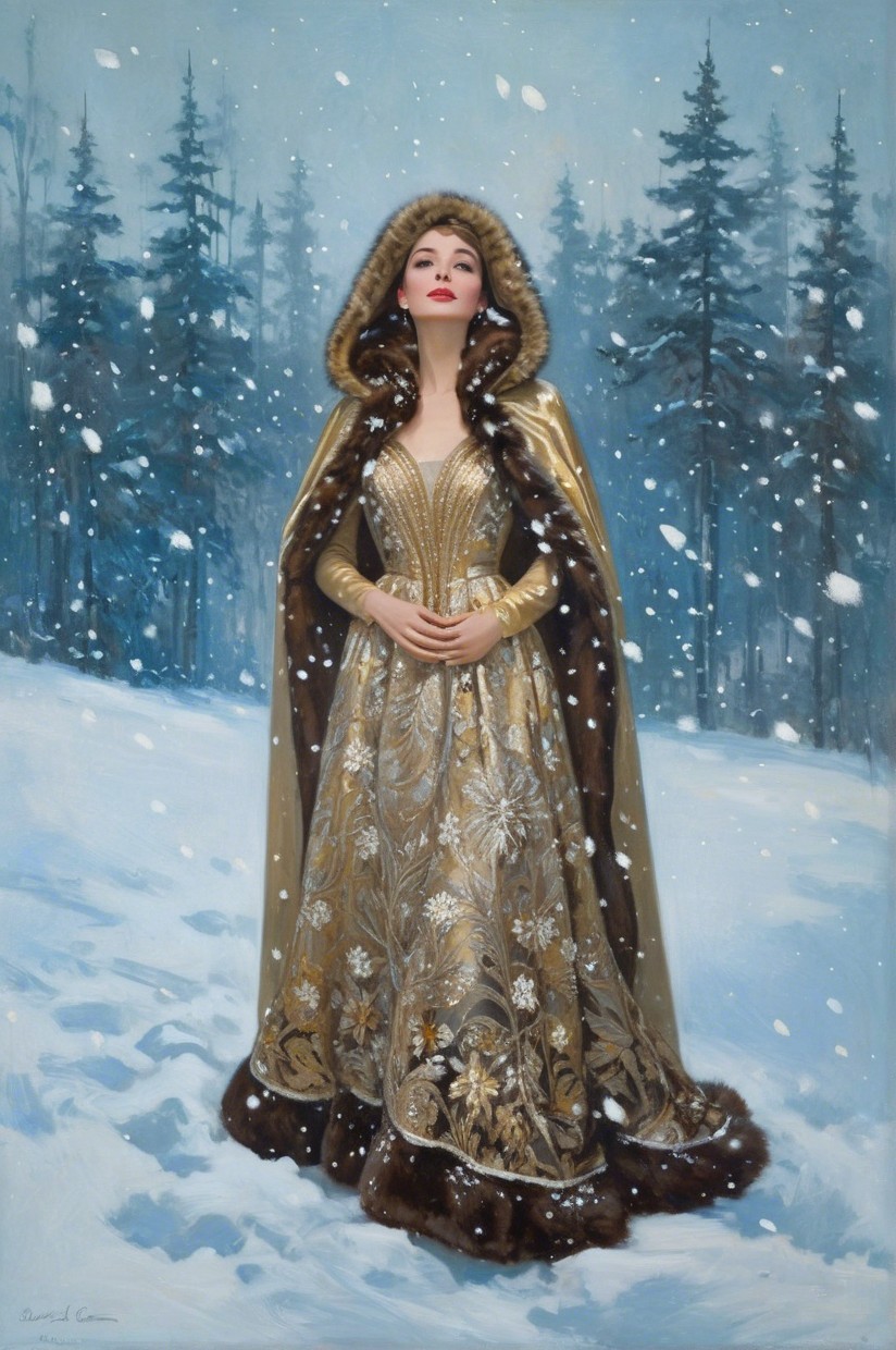 Regal Woman in Gold Gown in Snowy Forest Setting