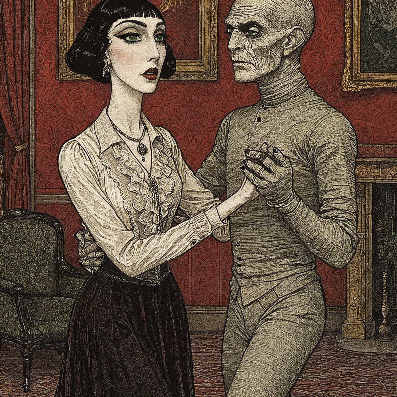 Victorian Dance Scene with Eerie Elegance and Surrealism