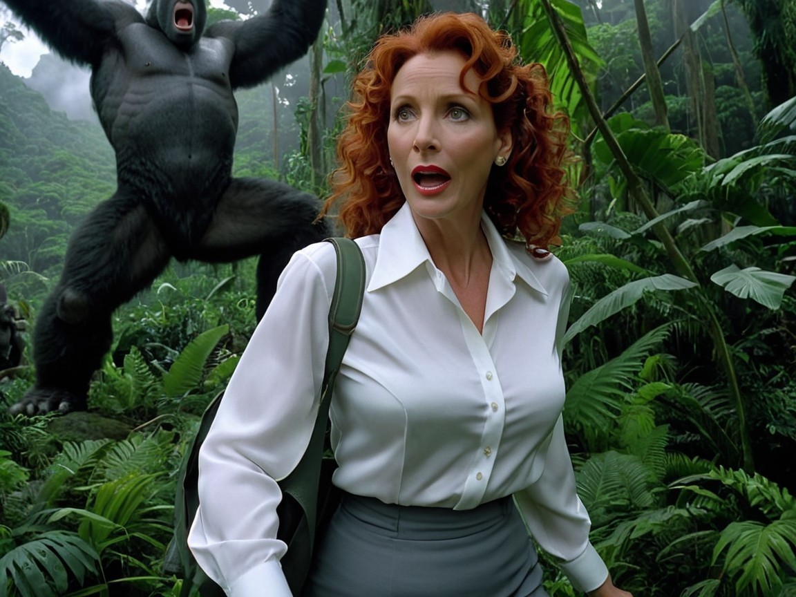 Startled Woman in Jungle with Roaring Gorilla
