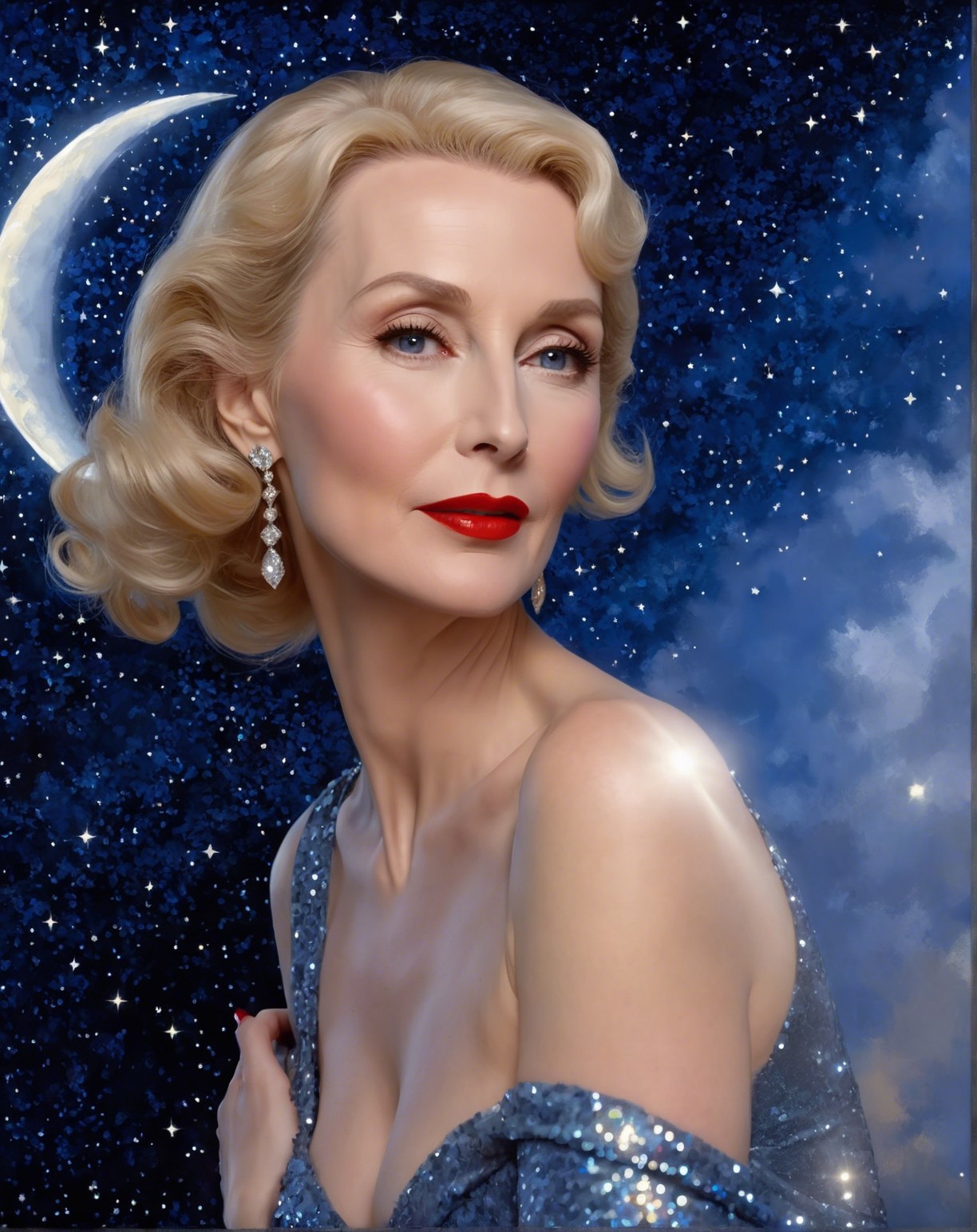 Glamorous Woman in Silver Gown Under Starry Sky
