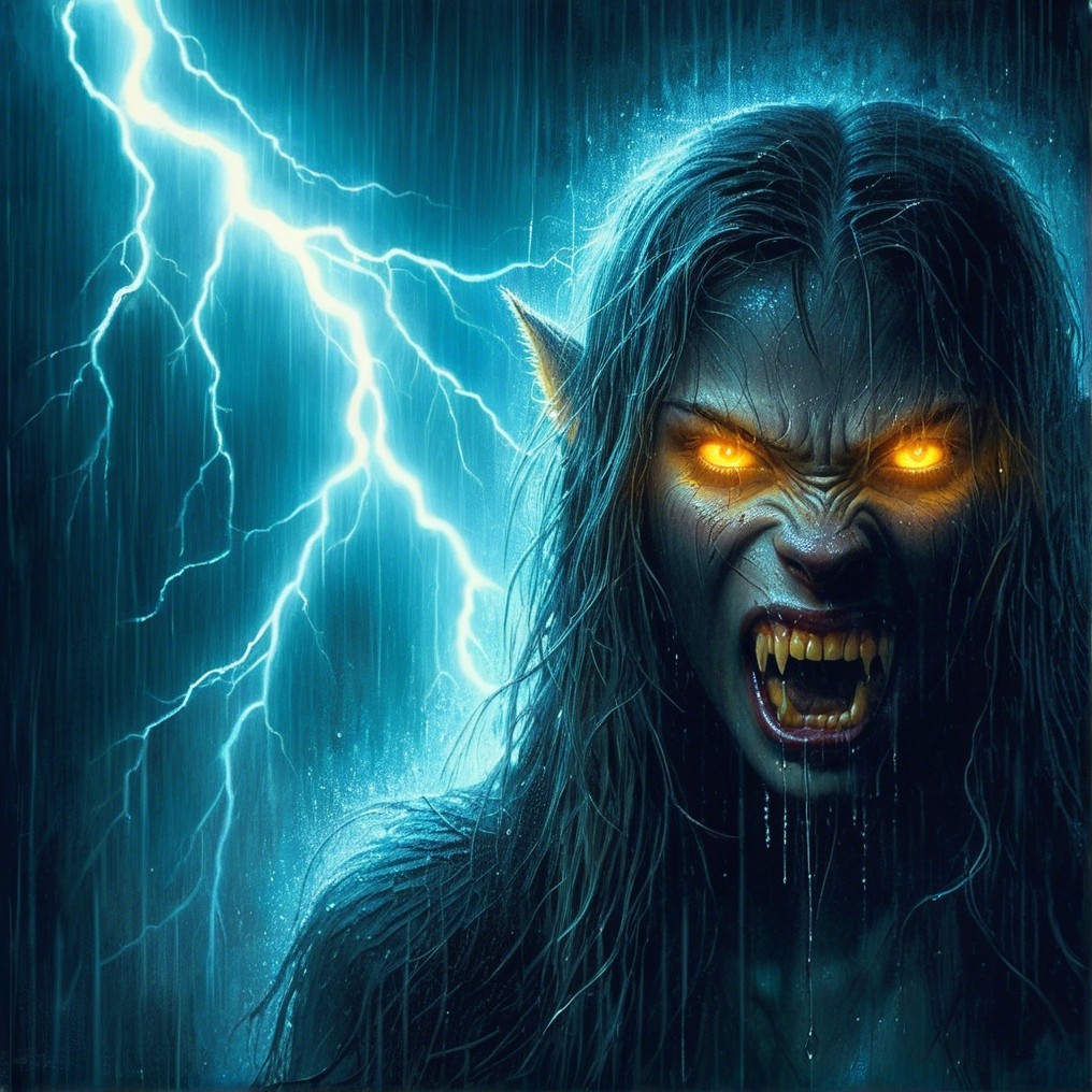 Mythical creature with glowing eyes and wet hair