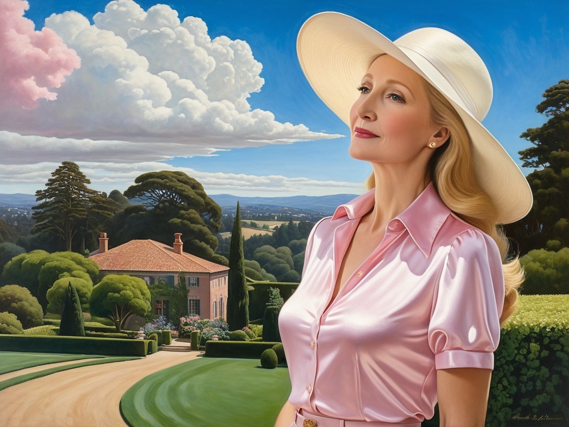 Elegant Woman in Pink Blouse in Lush Garden Scene