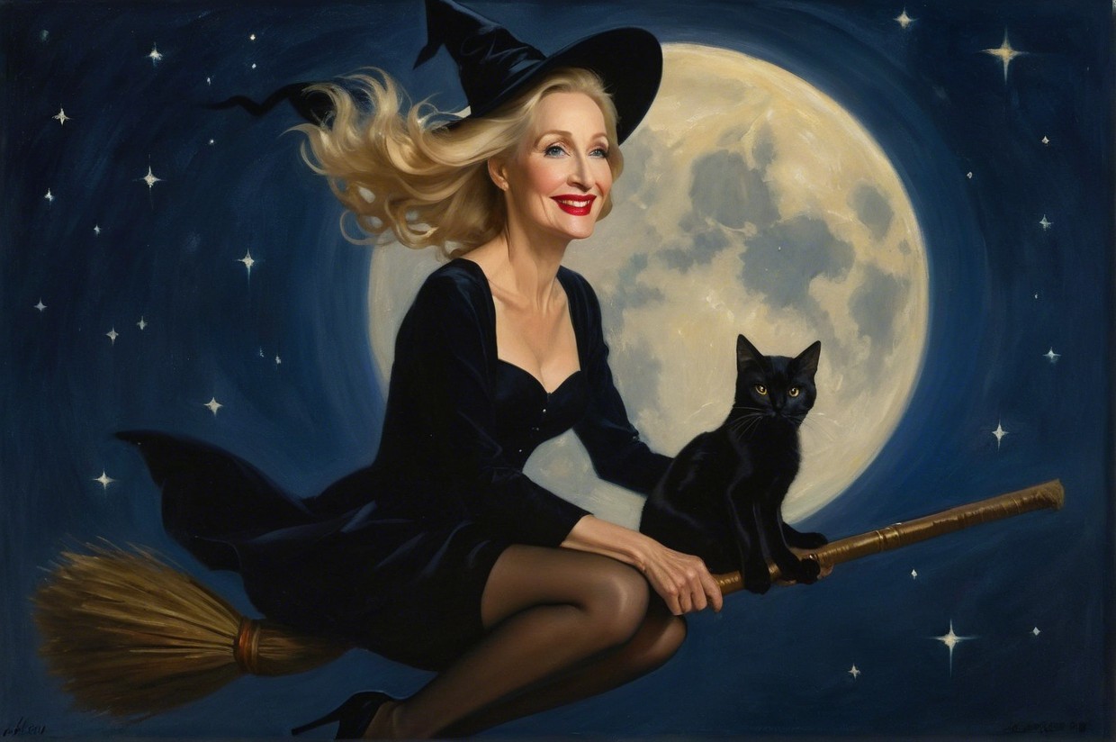 Whimsical Witch on Broomstick Under Full Moon