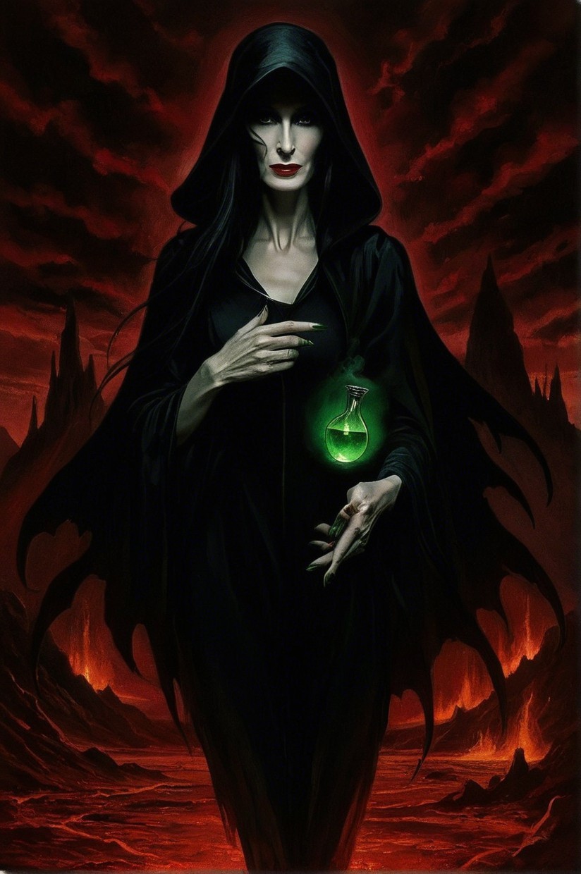 Mysterious figure in black with glowing green potion