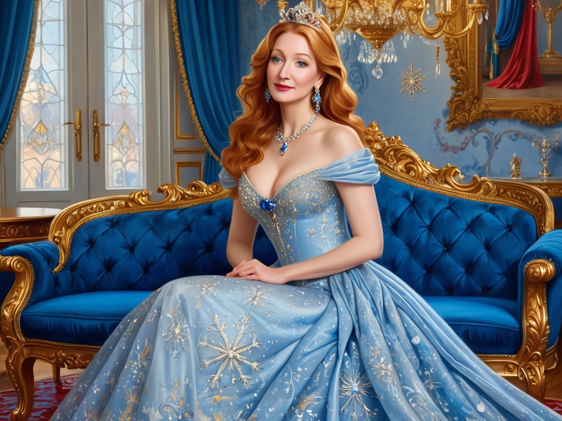 Regal woman in light blue gown on golden couch