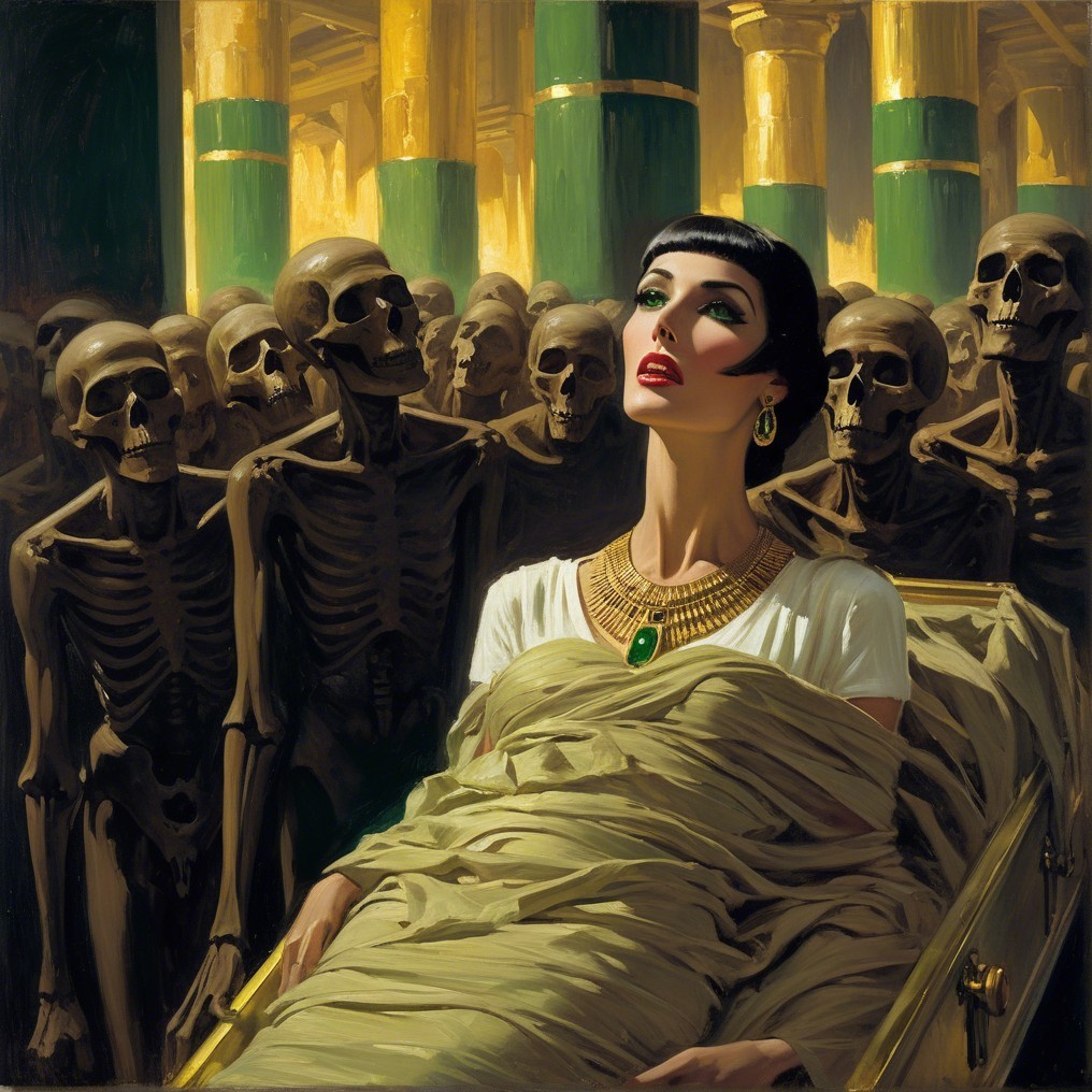 Ancient Burial Scene with Adorned Woman and Skeletons