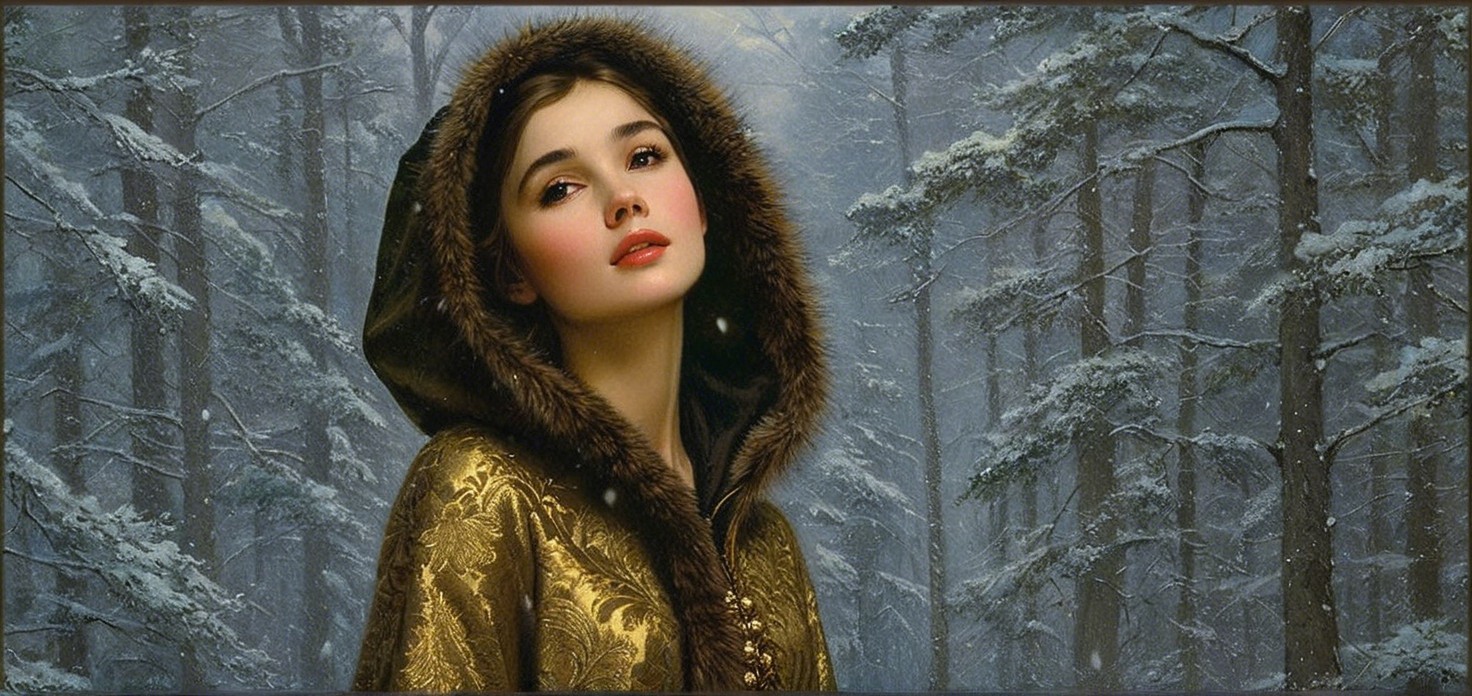 Young Woman in Golden Cloak in Snowy Forest