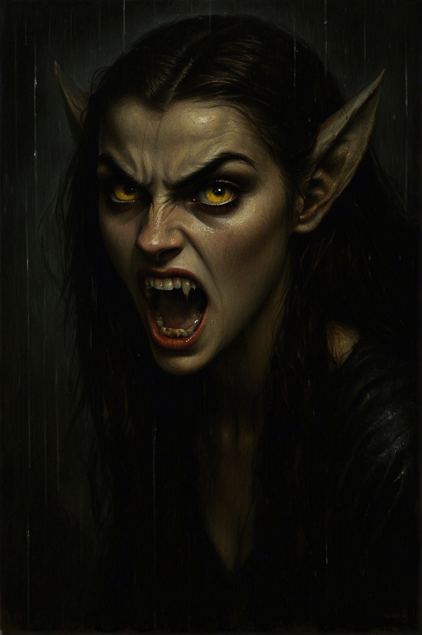 Dark Fantasy Character with Yellow Eyes and Fangs
