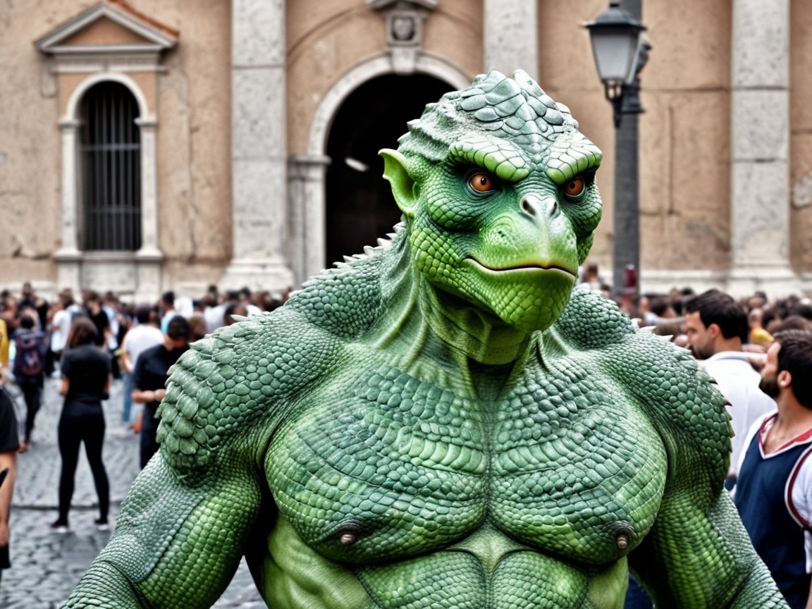 Large Green Creature in Historic Plaza Setting