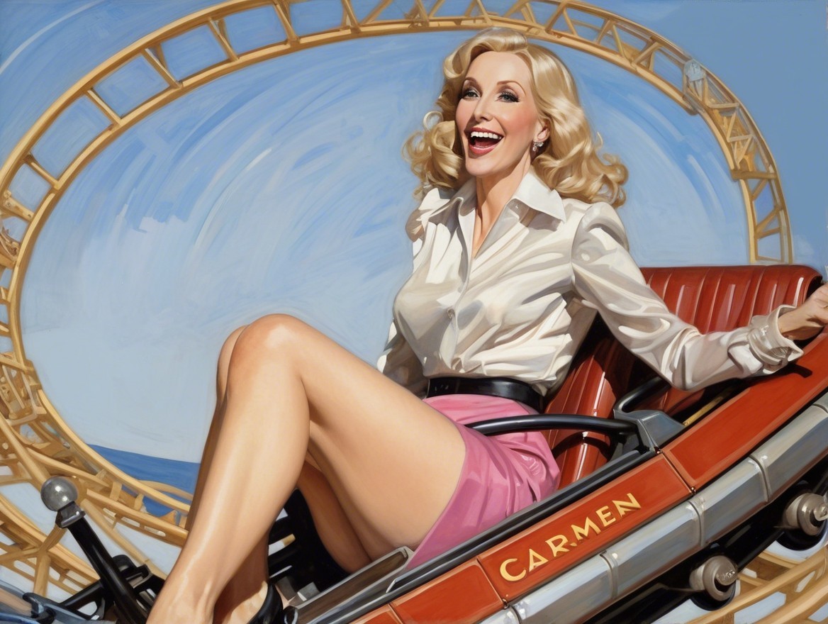 Glamorous Woman Enjoys Roller Coaster Ride in Amusement Park