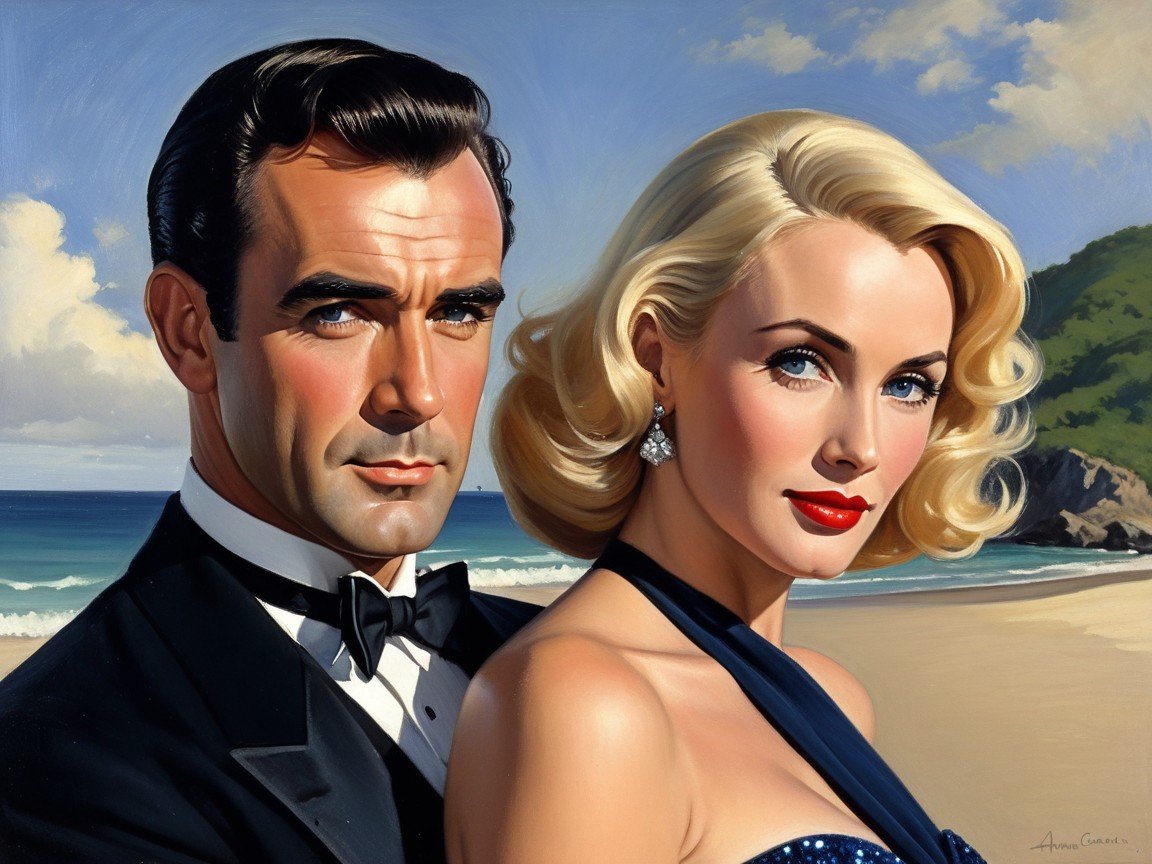 Glamorous Vintage Couple on Beach with Ocean Backdrop