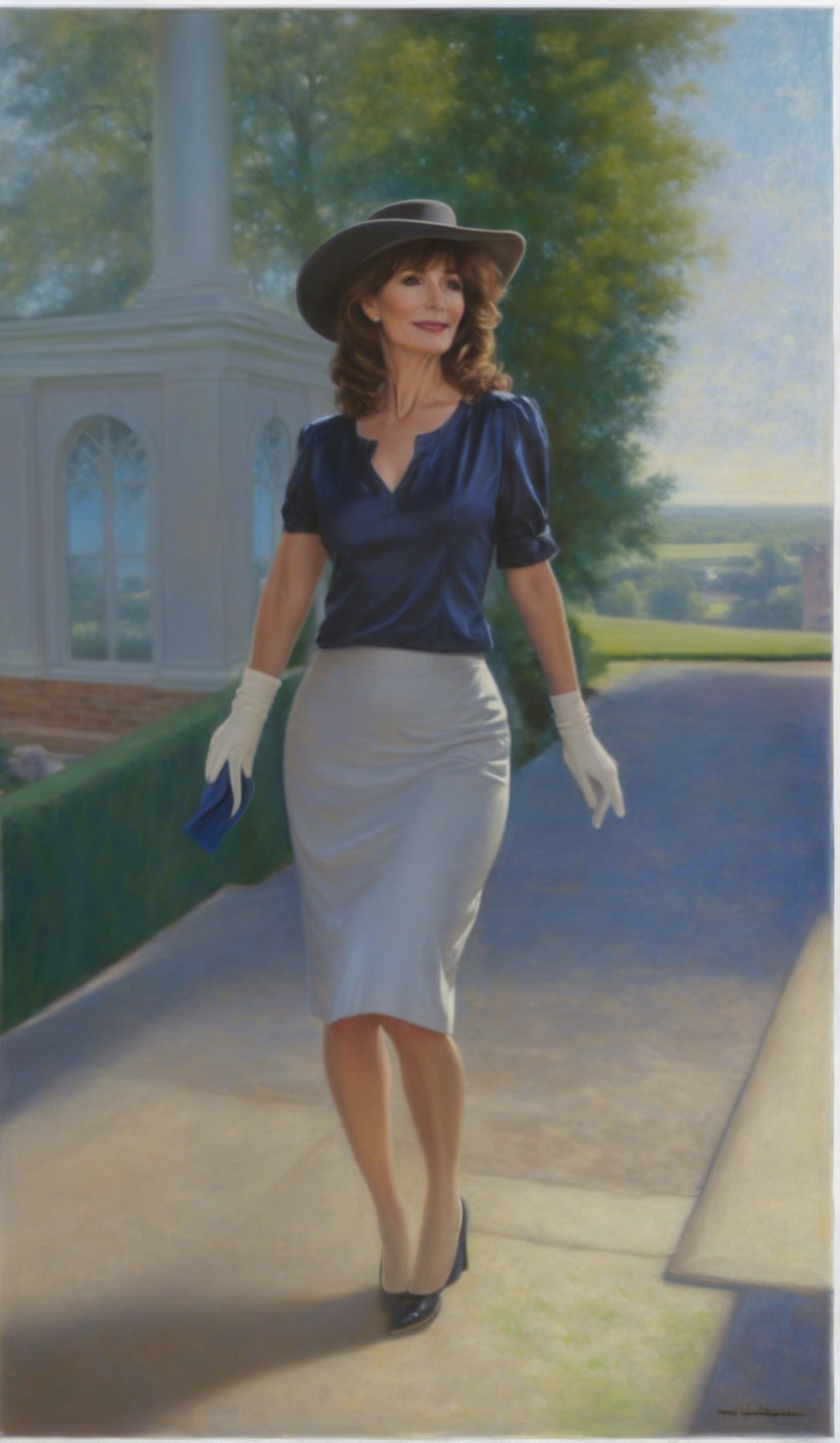 Stylish Woman in Silver Skirt and Blue Blouse in Garden