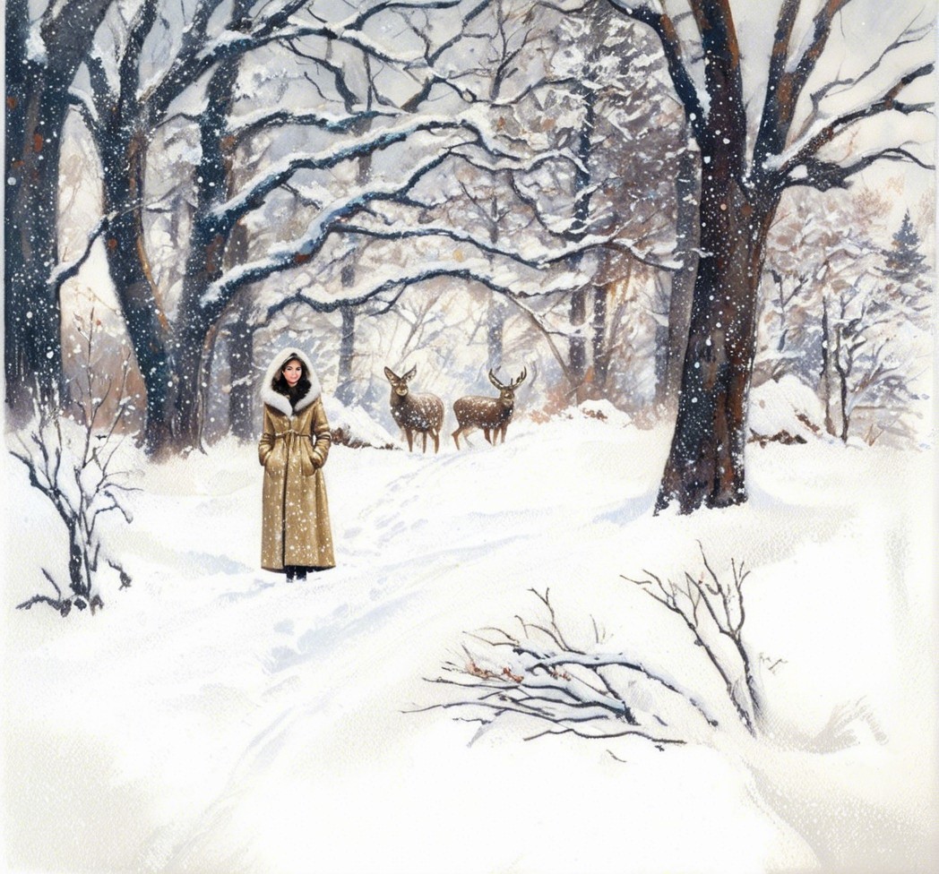 Winter Scene with Woman and Deer in Snowy Landscape