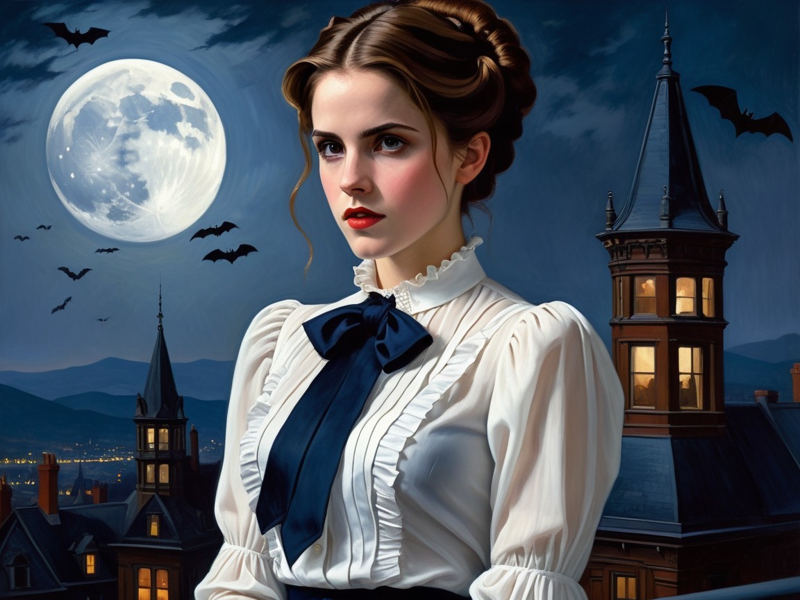 Victorian-Inspired Woman Against Dramatic Night Sky