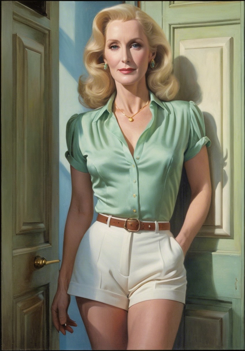 Glamorous Woman in Mint Green Blouse and White Shorts