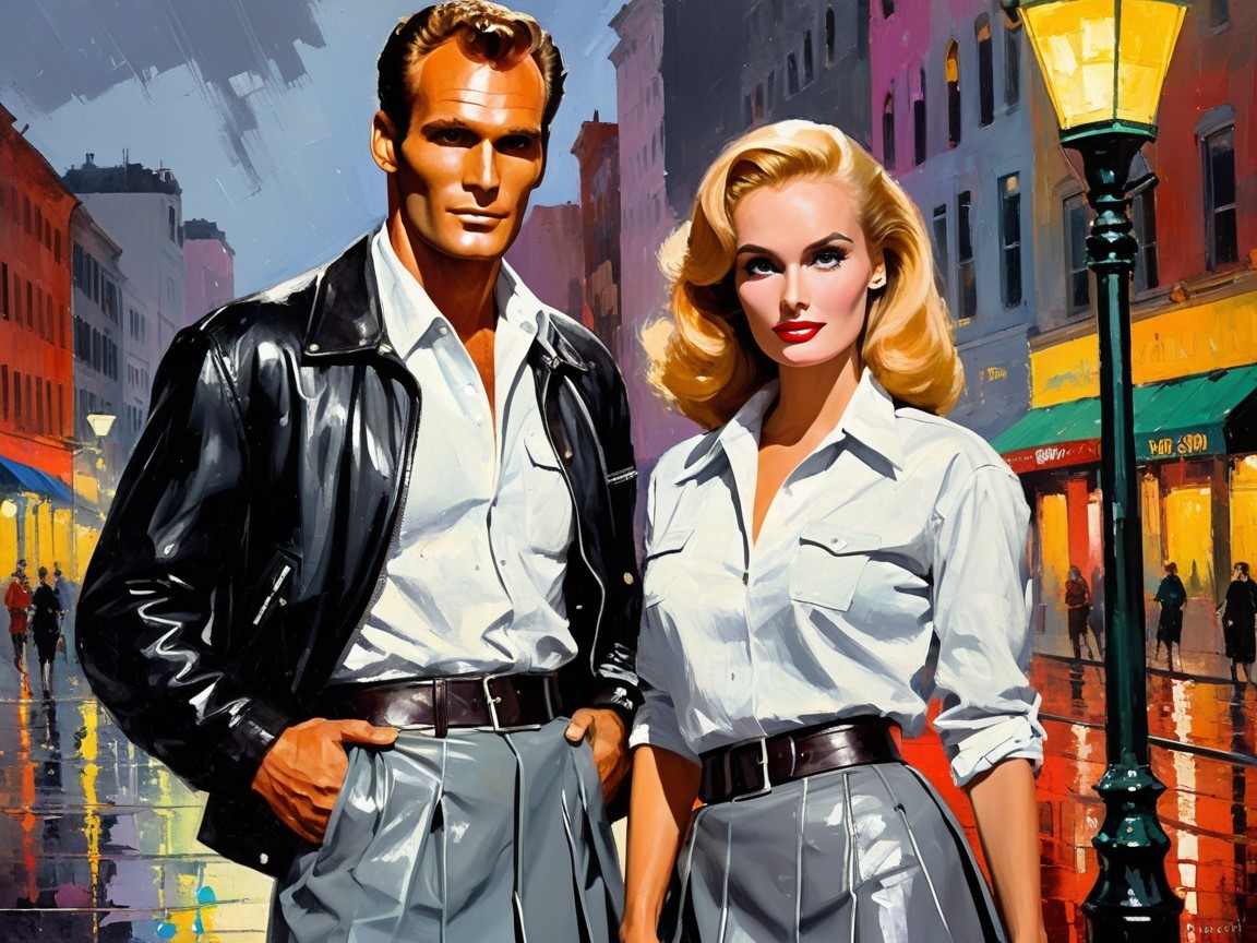 Vintage Couple Under Streetlamp on Rainy City Street