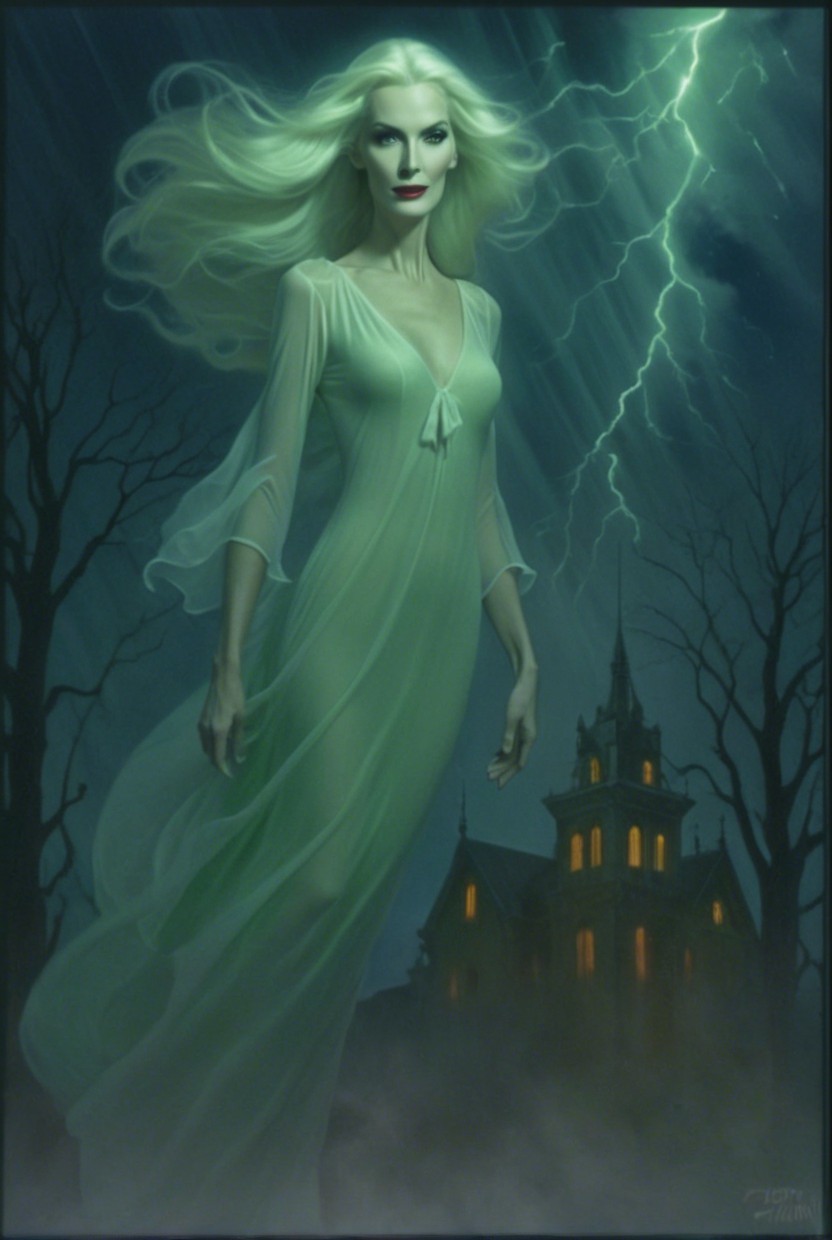 Ghostly Figure in Ethereal Gown in Dark Landscape