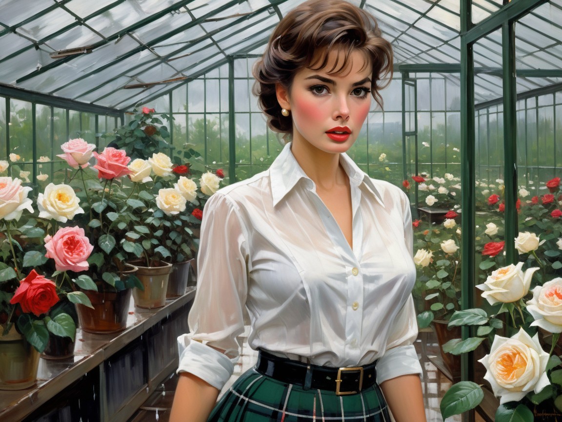 Elegant Woman in Greenhouse Surrounded by Roses