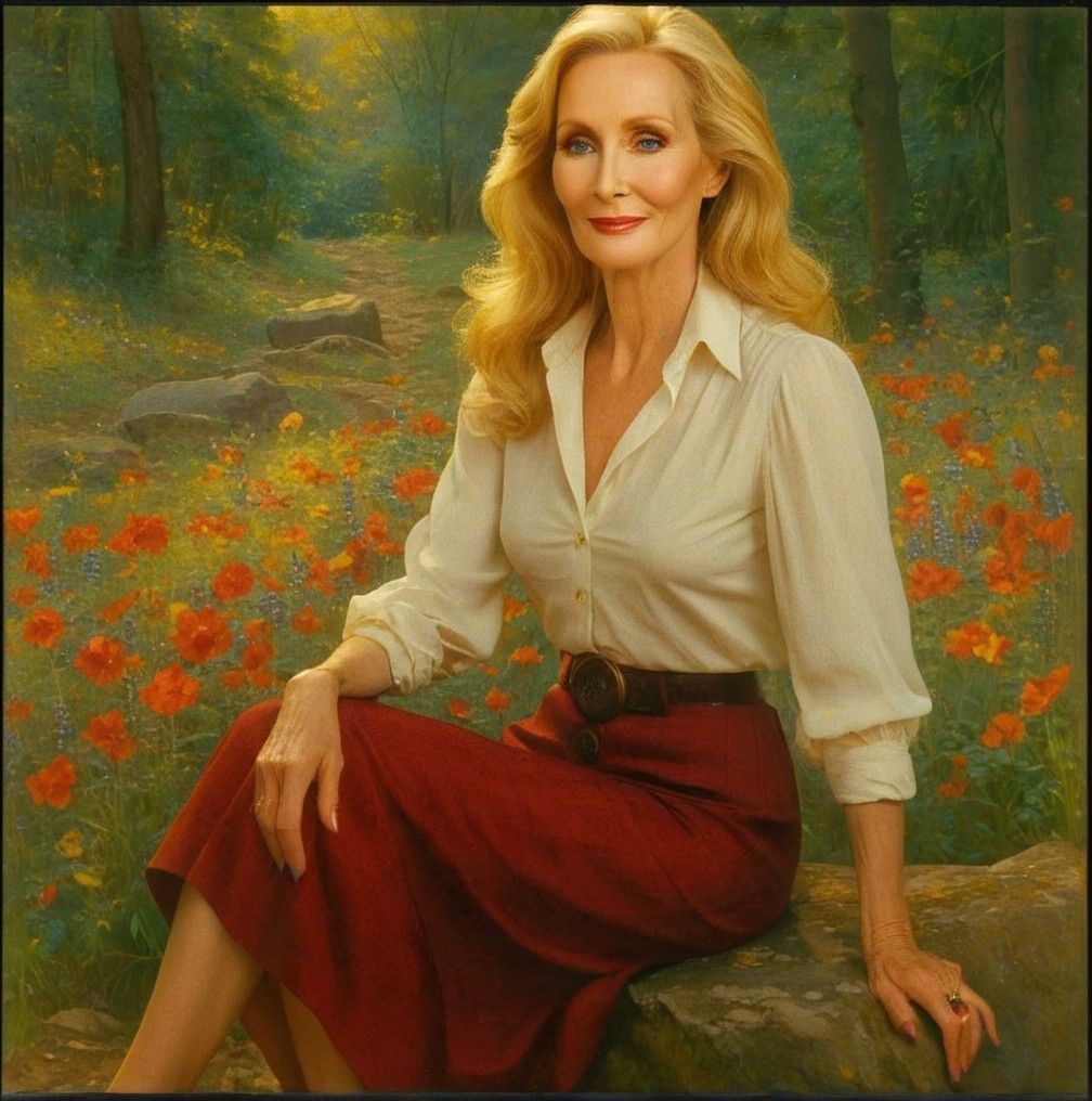 Woman in white blouse and red skirt among flowers